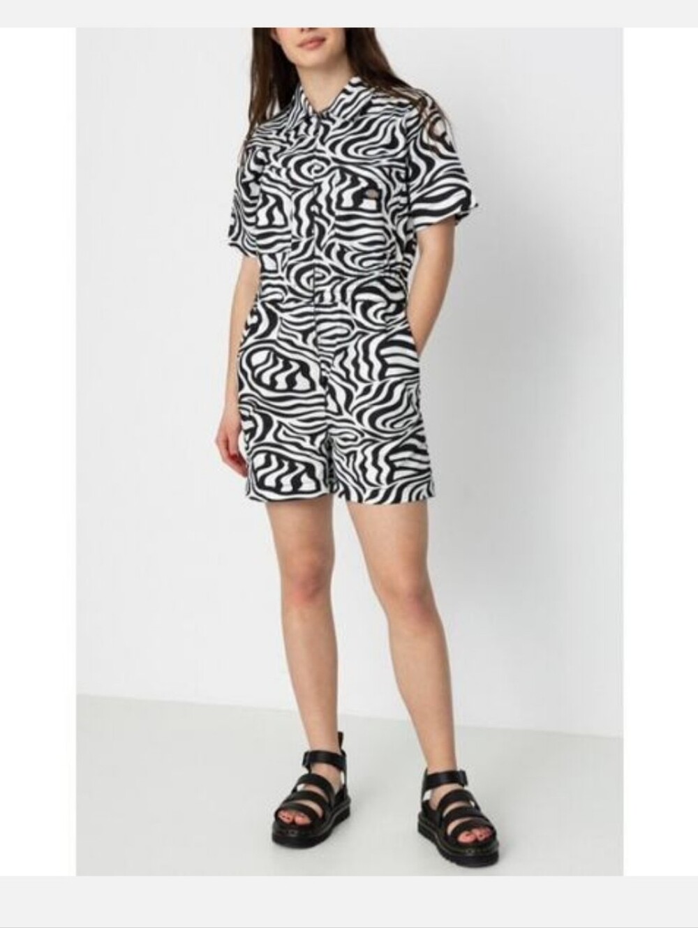 Dickies Women's Dopamine Black & White Zebra Print Denim Shortall Jumper Medium